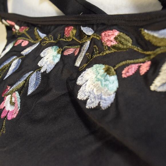 Women's Small One Piece Black Swimsuit Floral Embroidered Deep Plunge Neckline - Picture 3 of 3